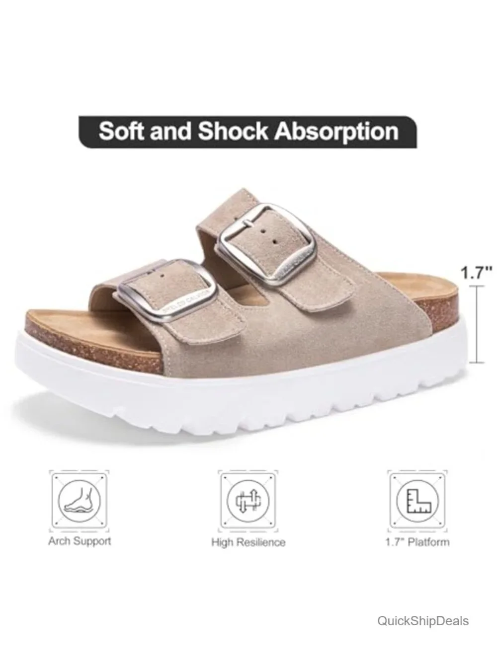 100% Suede Leather Platform Sandals with Adjustable Buckle Arch Support